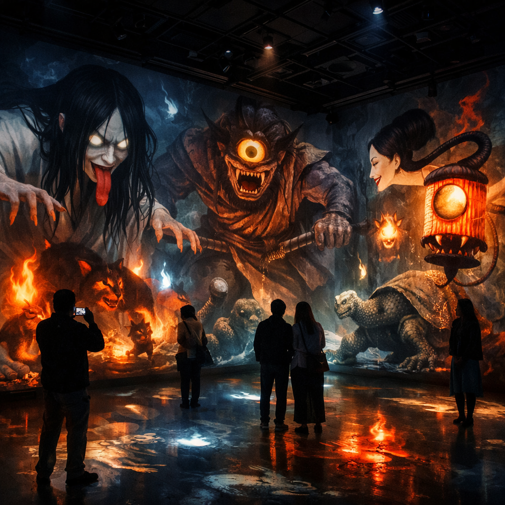 Visitors observing a large fantasy mural with monsters, a cyclops, and mythical creatures in a dark gallery.