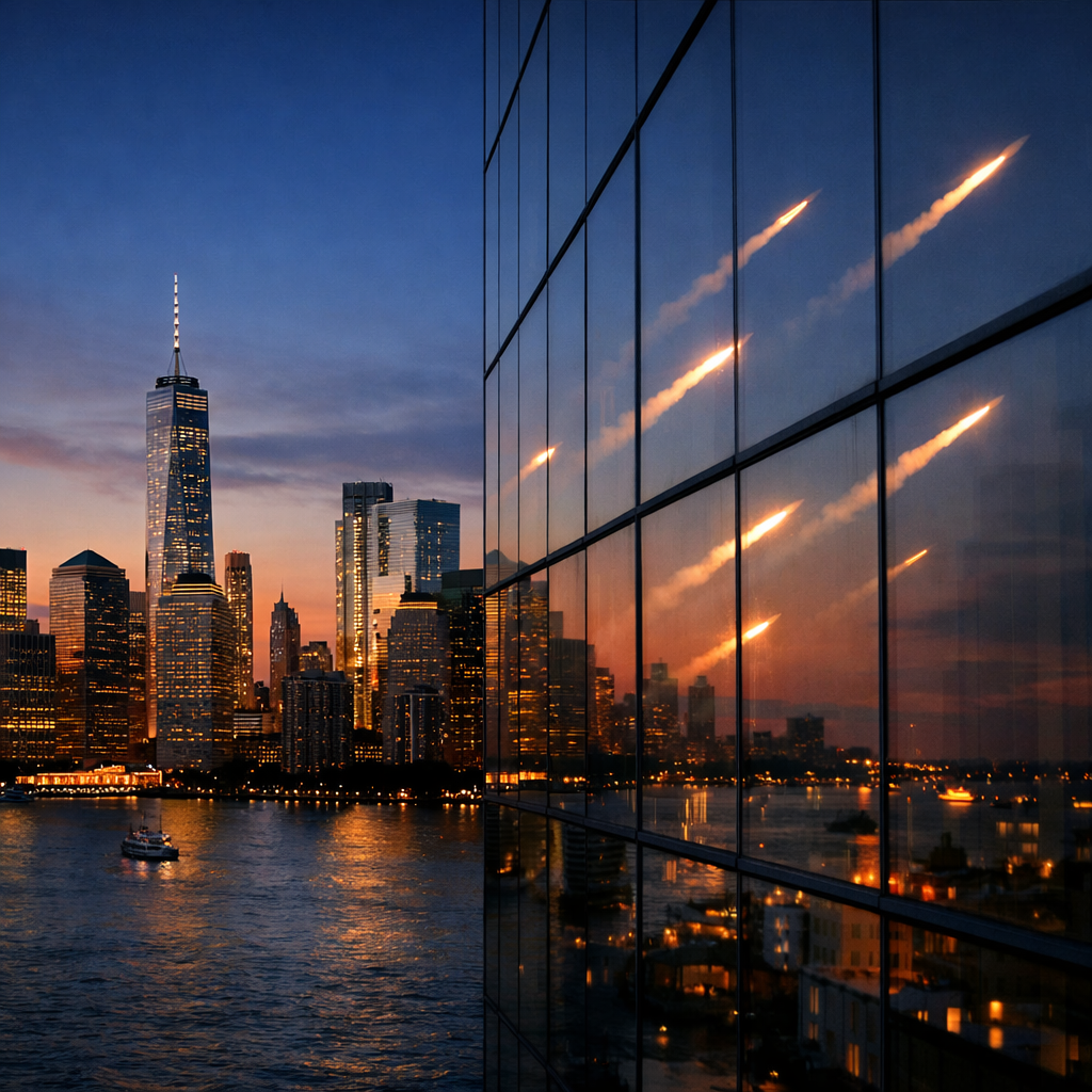 Sunset city skyline with rockets reflected on glass windows