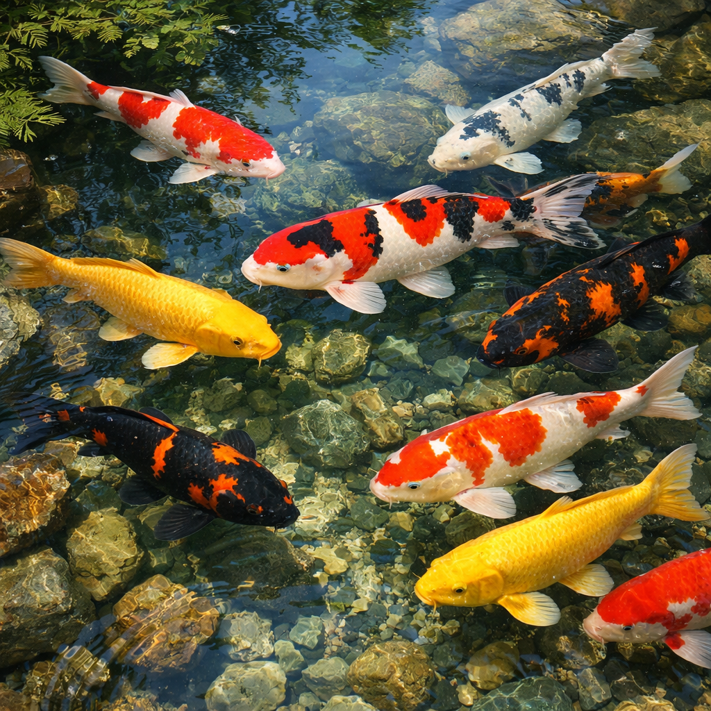 Several colorful koi fish swimming in clear pond water over rocks