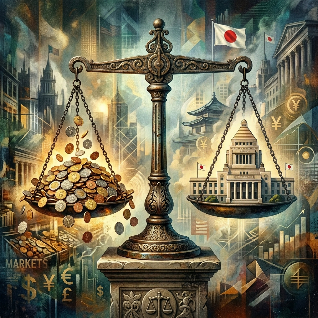 Decorative scale balancing a pile of international coins on one side and government buildings on the other