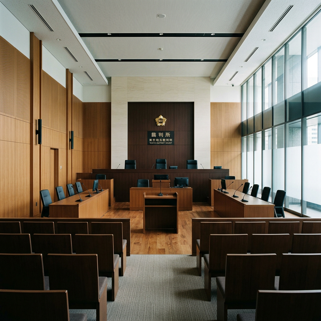 Empty courtroom with wooden chairs, desks, and large glass windows