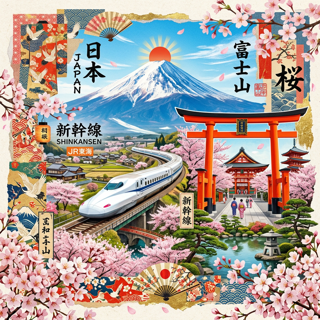 Shinkansen train passing cherry blossoms with Mount Fuji and red torii gate in background