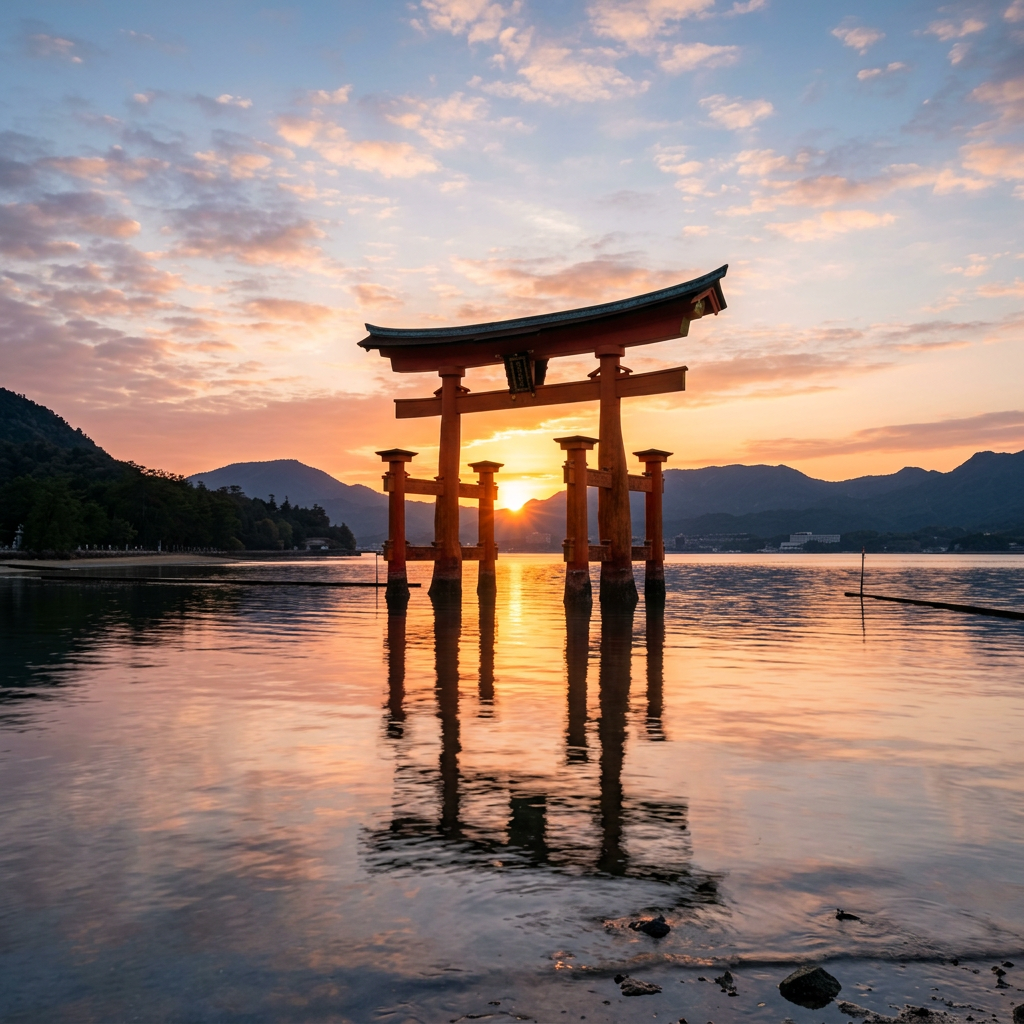 Itsukushima Shrine Torii gate standing in water at sunset with mountains in background