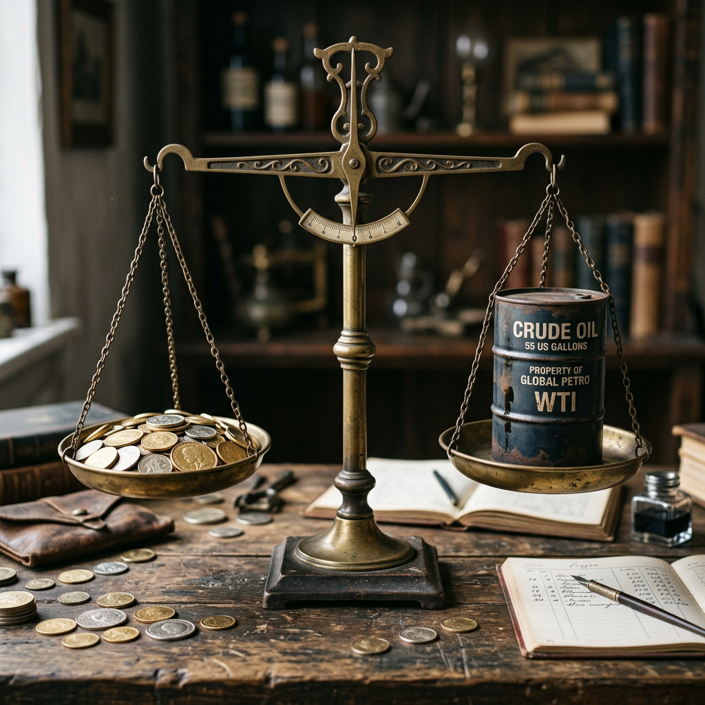 Balance scale with coins on one side and a small crude oil barrel labeled '55 US gallons Property of Global Petro WTI' on the other side