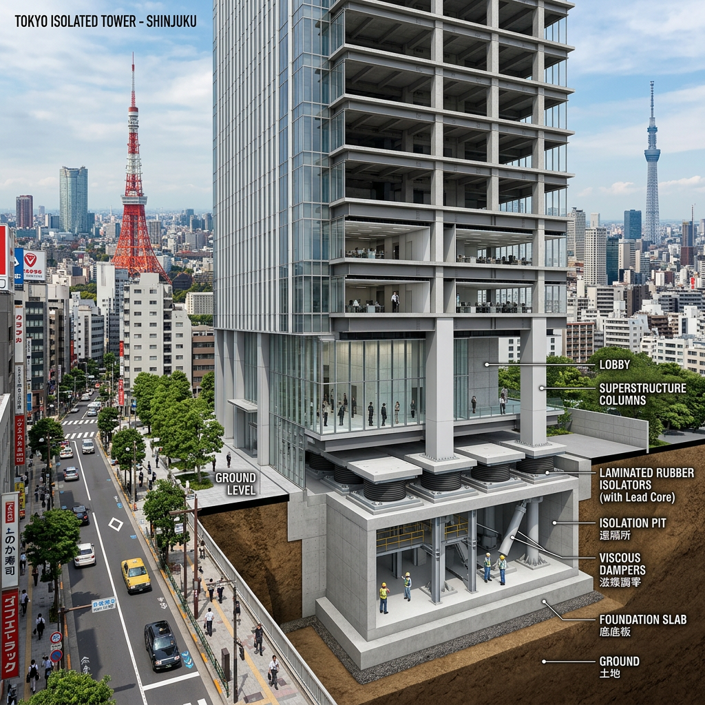 Cutaway view of Tokyo tower with seismic isolation components labeled