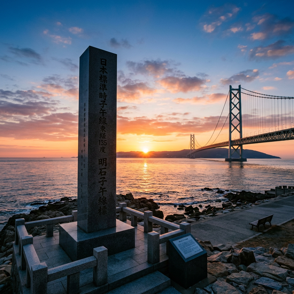 Stone monument with Japanese inscription near Akashi Kaikyō Bridge at sunset over water