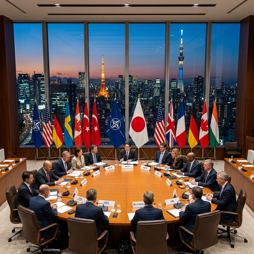 NATO summit meeting around a round table with national flags and Tokyo city skyline