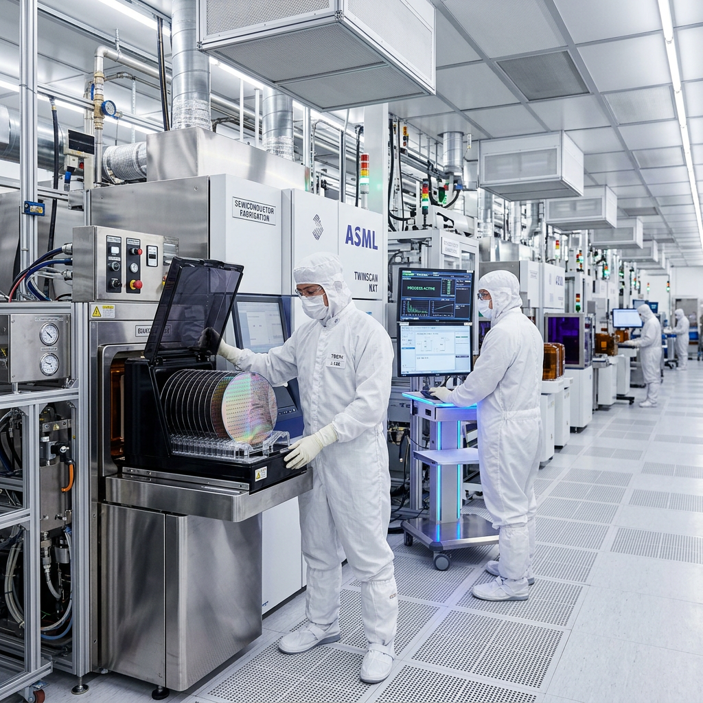 Technicians in protective suits handling semiconductor wafers in cleanroom with ASML equipment