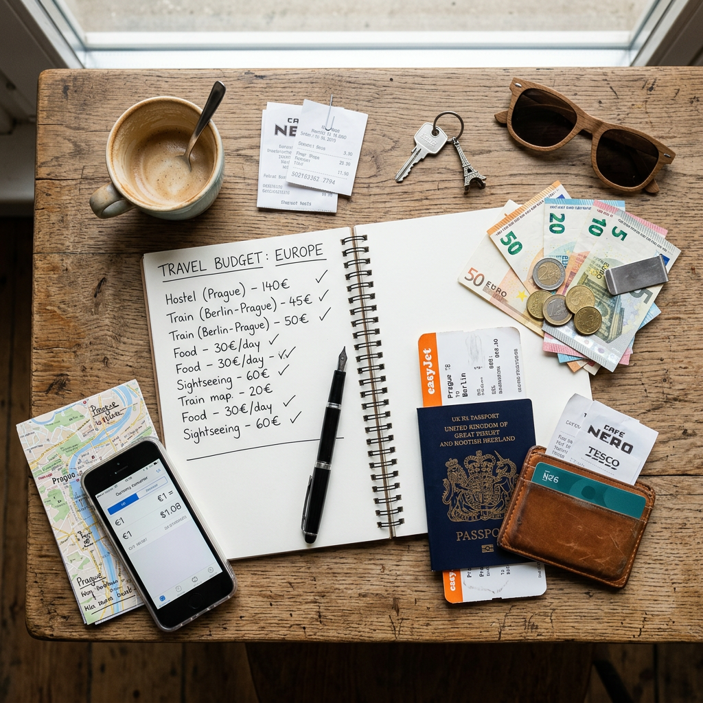 Notebook with Europe travel budget plan, smartphone with currency converter, map, passport, boarding passes, cash, coins, sunglasses, keys, coffee cup, and receipts on wooden table