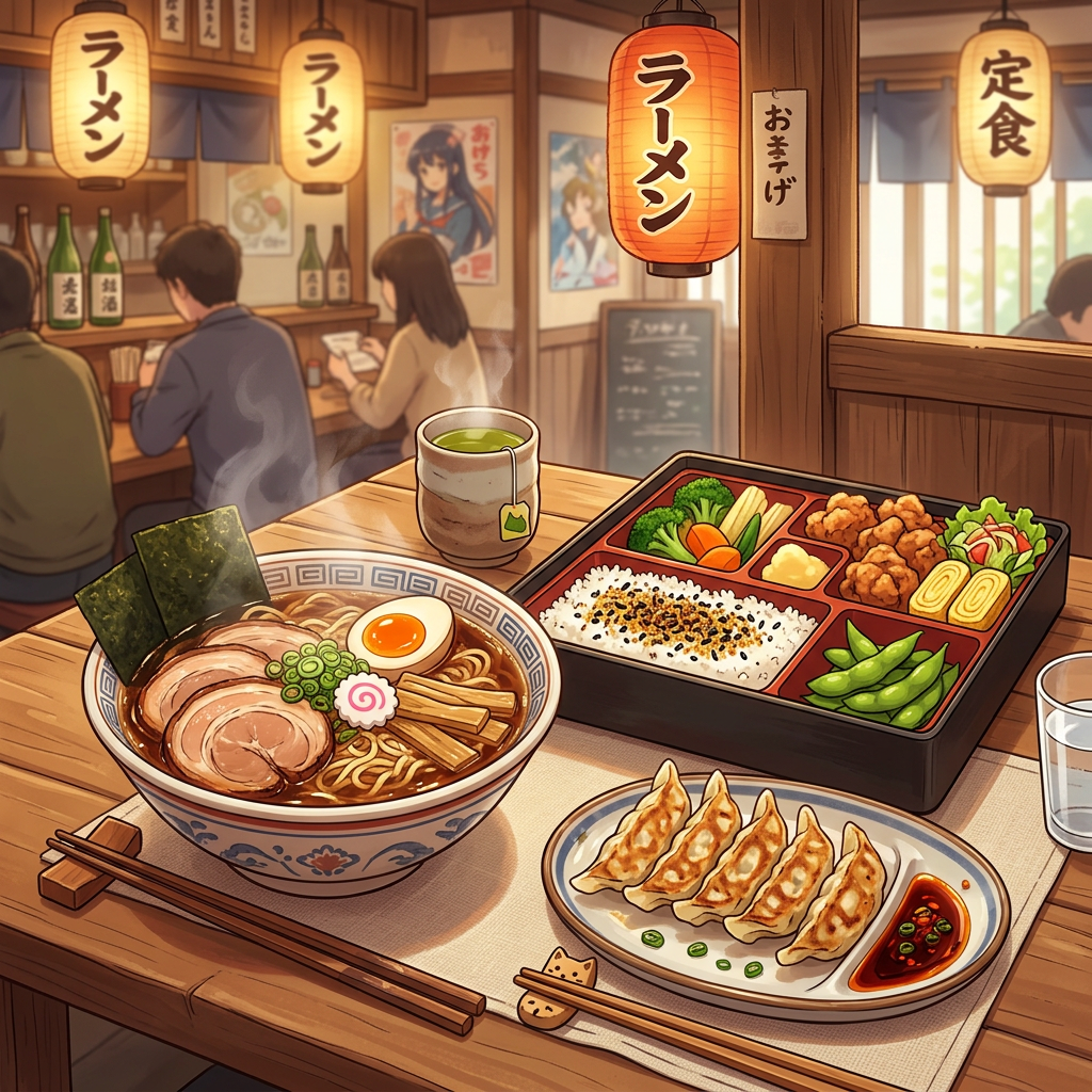 Bowl of ramen with egg, pork, and seaweed alongside bento box with rice, vegetables, chicken, and dumplings