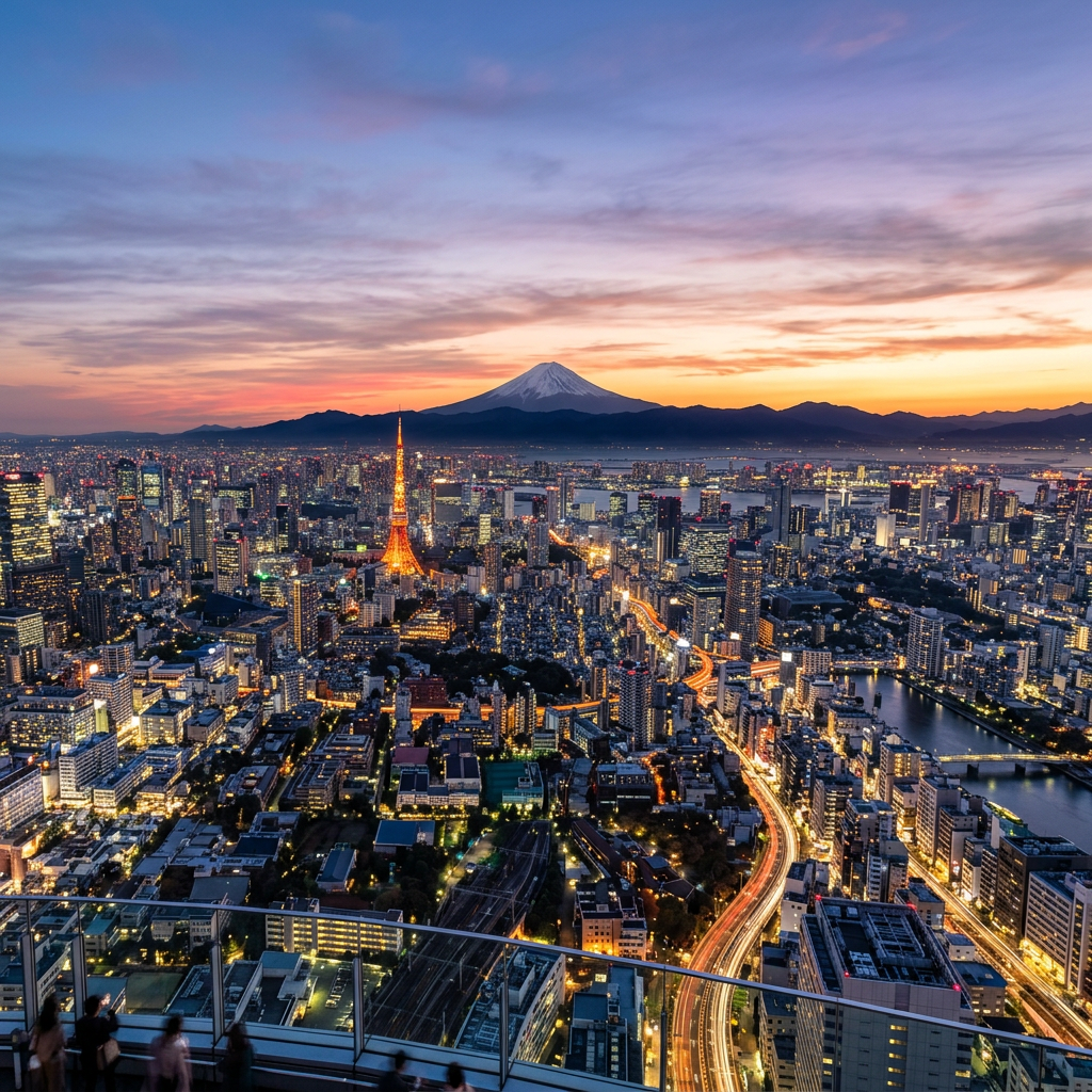 Tokyo cityscape at sunset with Tokyo Tower and Mount Fuji