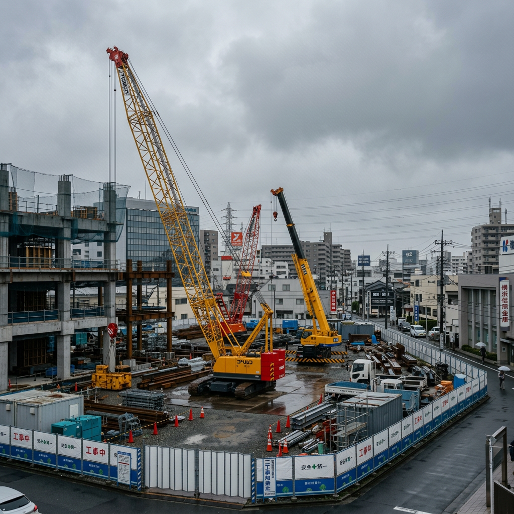 Construction site with yellow cranes, building materials, and surrounding city buildings under cloudy sky