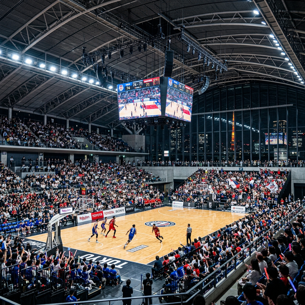 Indoor basketball game with players in action and a large crowd