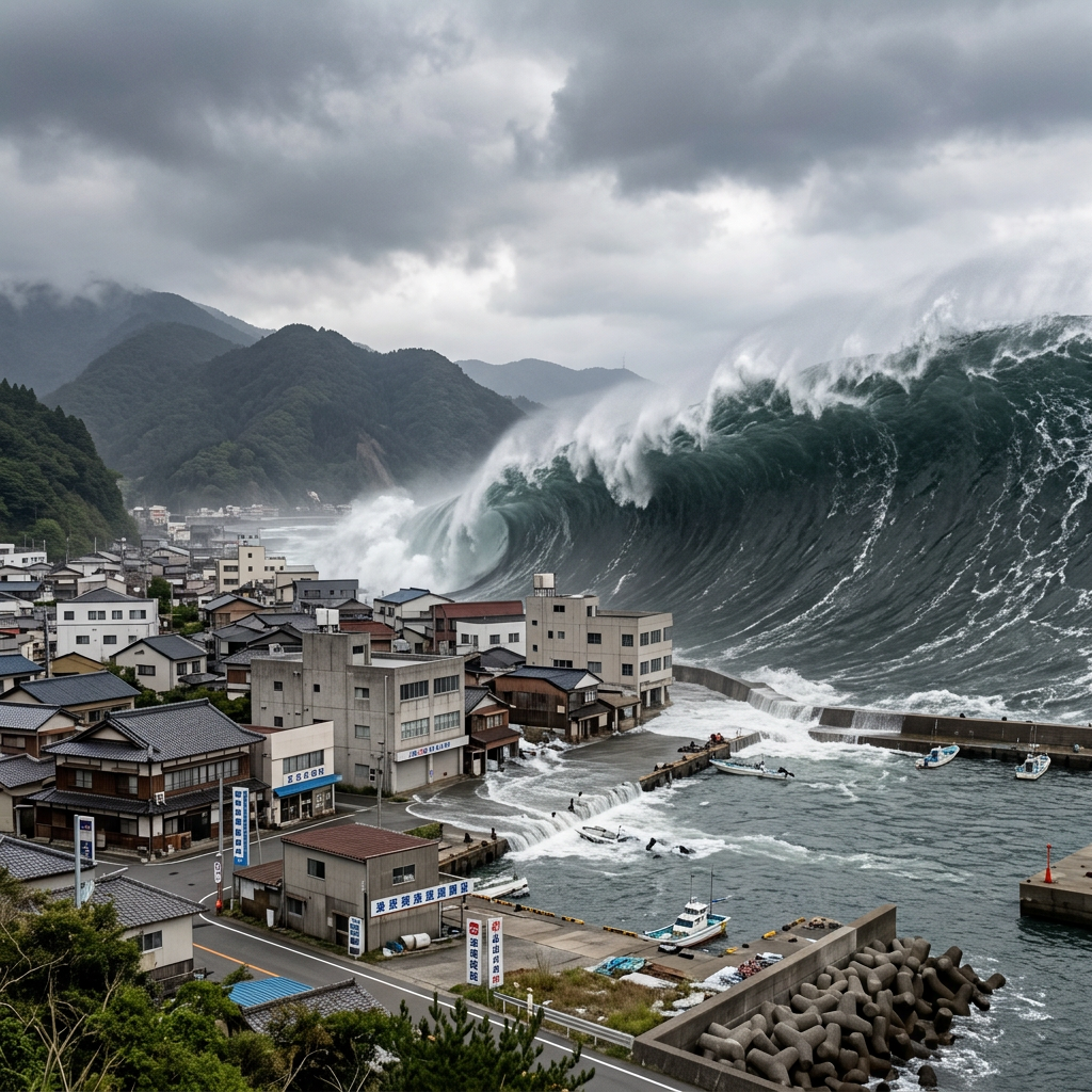 Large tsunami wave towering over buildings and harbor in coastal village
