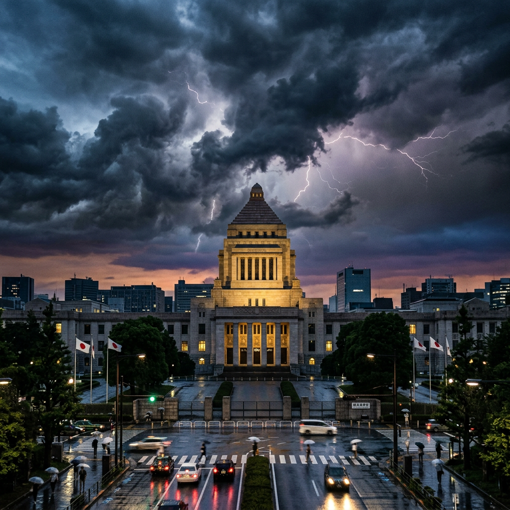 Tokyo National Diet Building with lightning in dark storm clouds
