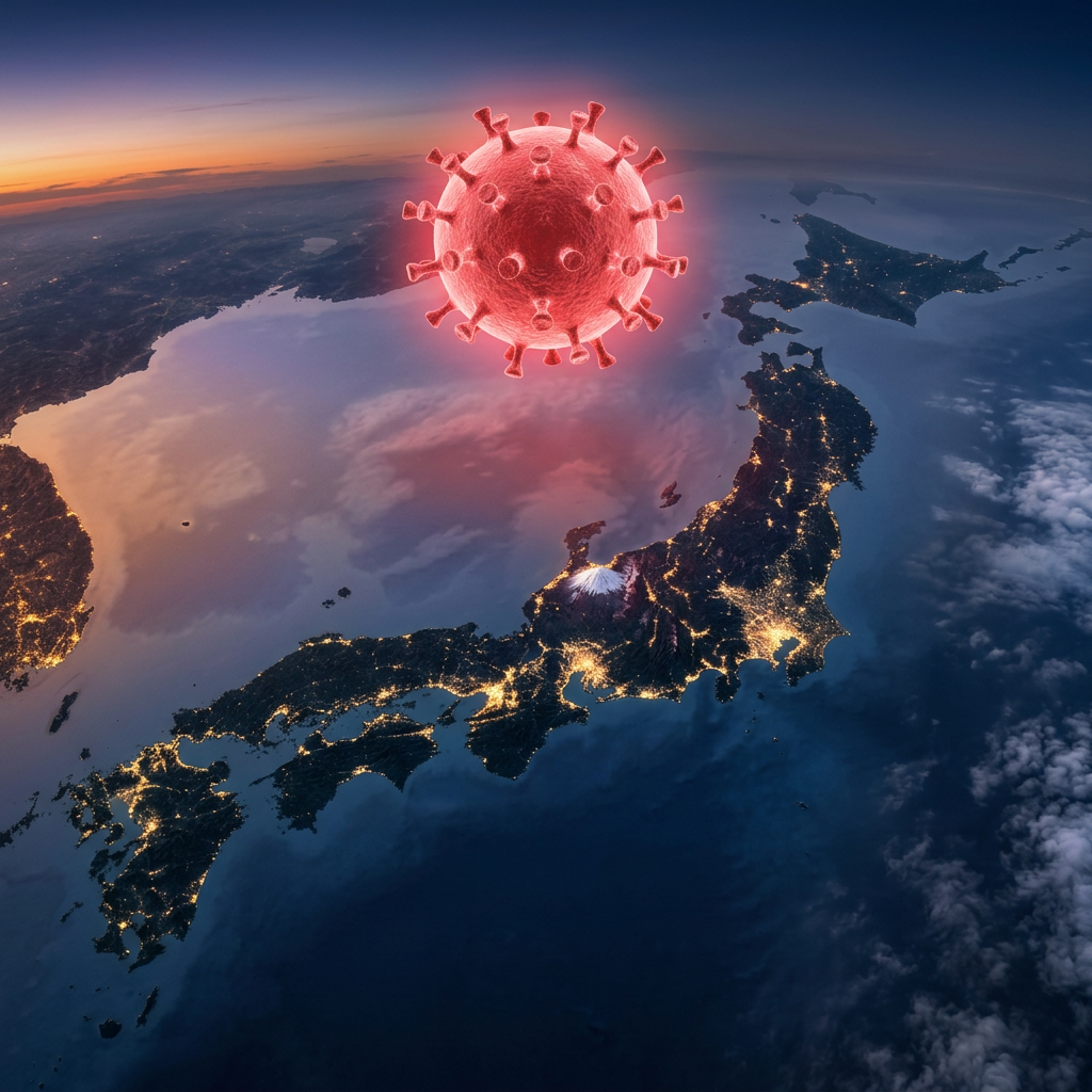 Nighttime satellite view of Japan and nearby regions with illuminated cities and a large red coronavirus icon above the land.