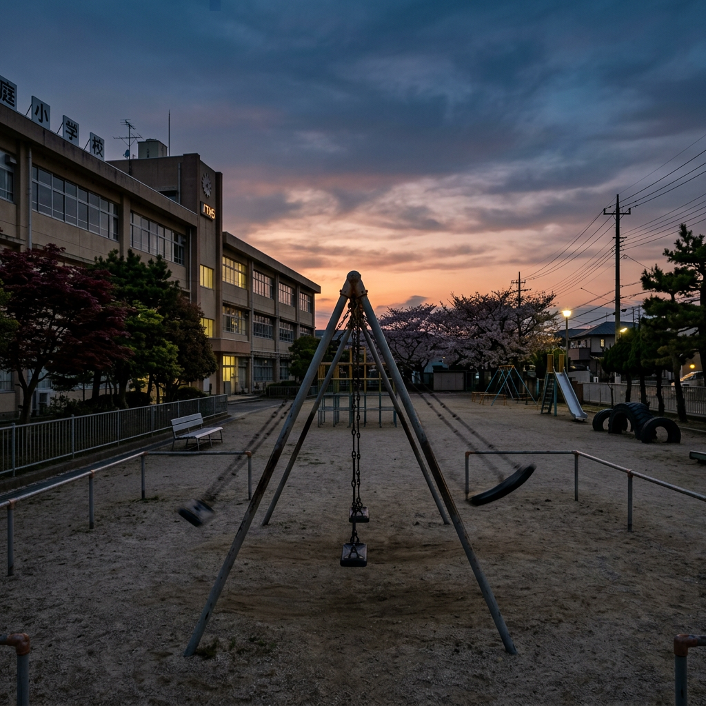Empty swings in a school playground at sunset with cherry blossom trees