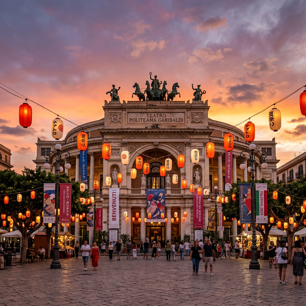 Teatro Politeama Garibaldi adorned with hanging lanterns and festival banners during sunset