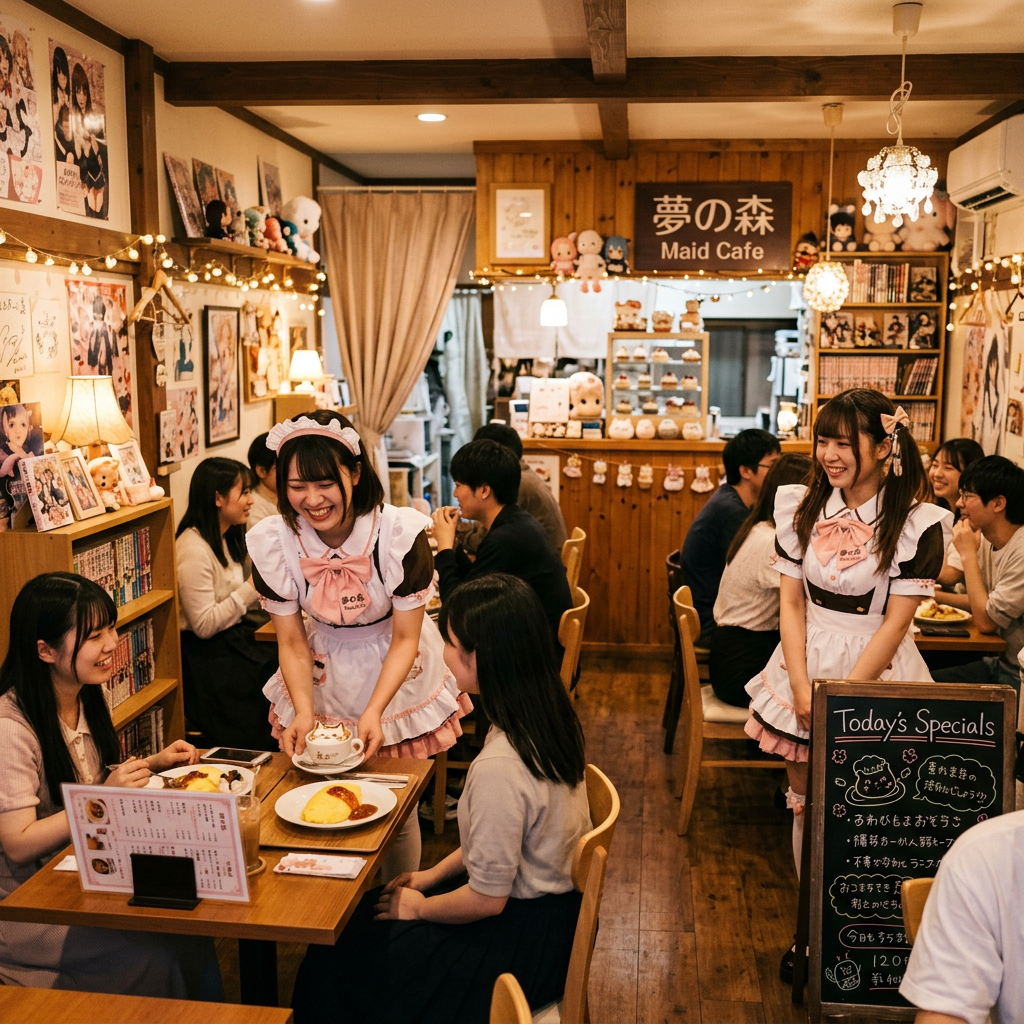Two maids in frilly uniforms serving food to seated customers in a small, cozy cafe with wooden decor and anime posters