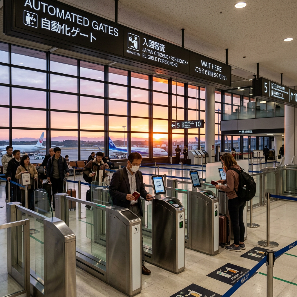 Passengers scanning passports at automated immigration gates in airport